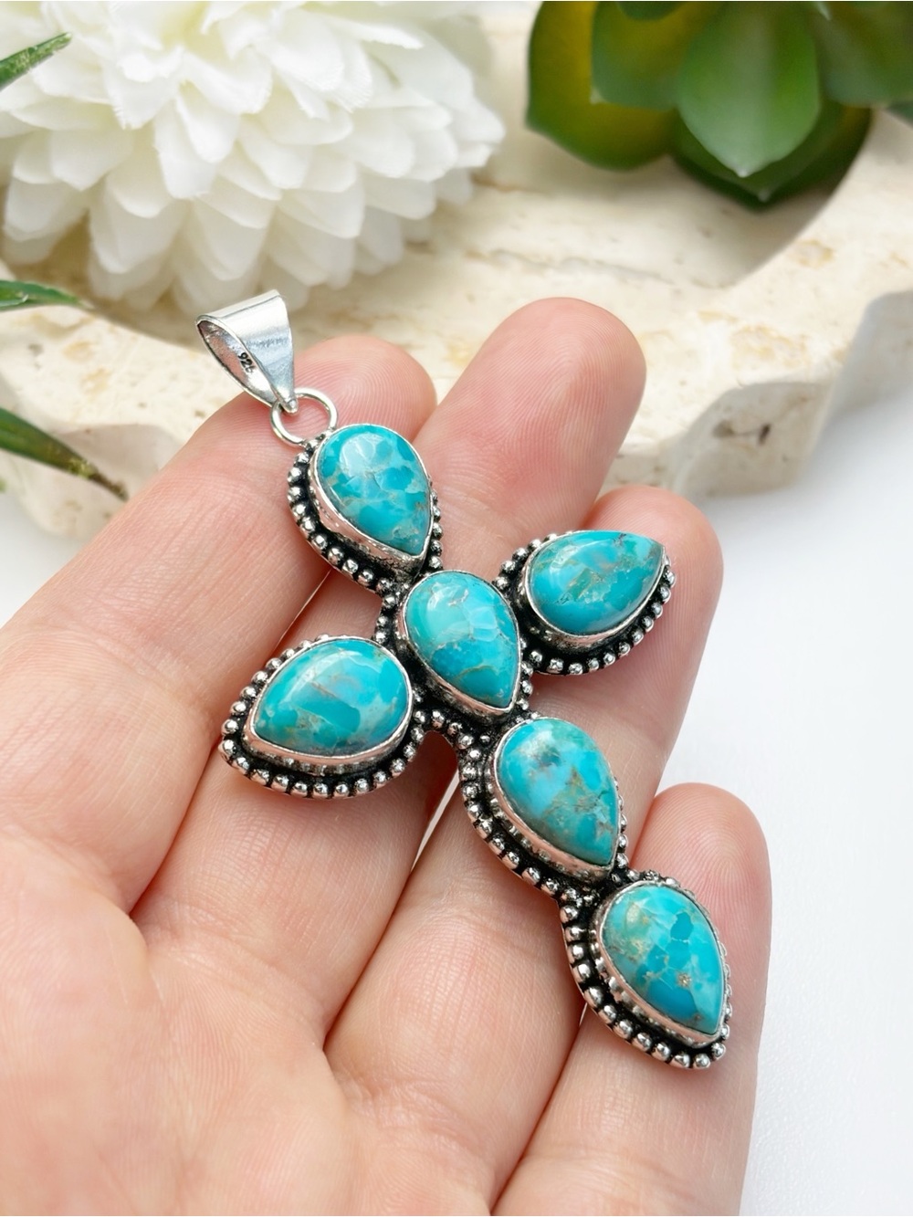 XL Mohave Turquoise Cross Pendant Boho Southwest Vintage Style Handmade 925